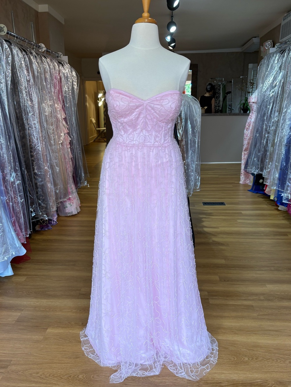 Faviana Strapless Pink Lace Evening Gown